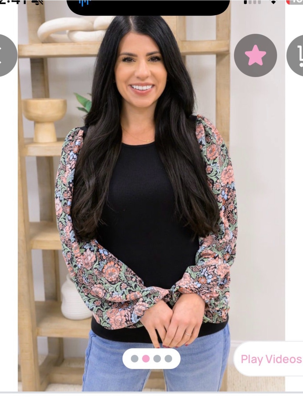 Fate Black Knit Top with Pink Floral Puff Sleeves